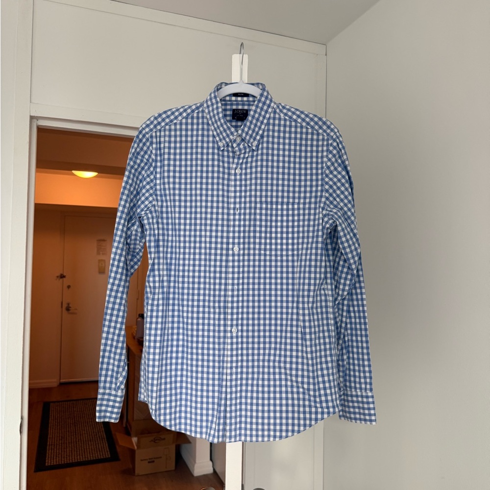 J. Crew Factory Men's Blue and White Gingham Shirt